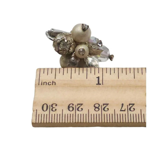 Vendome Faux Pearl Clear Rhinestone Cluster Leaf Stud Earrings Silver Tone Vinta - Picture 8 of 8